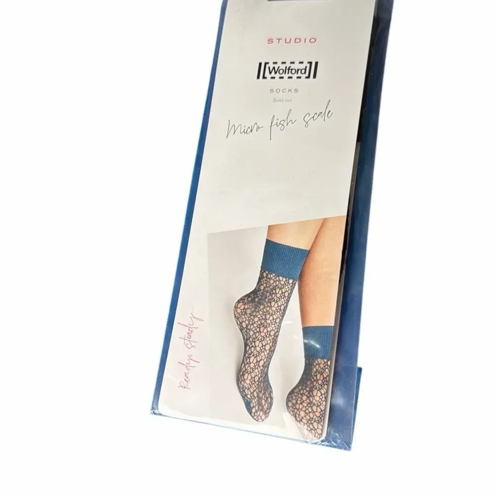 NWT Wolford Studio Micro Fish Scale Socks Black One Size Bold Net Italy
